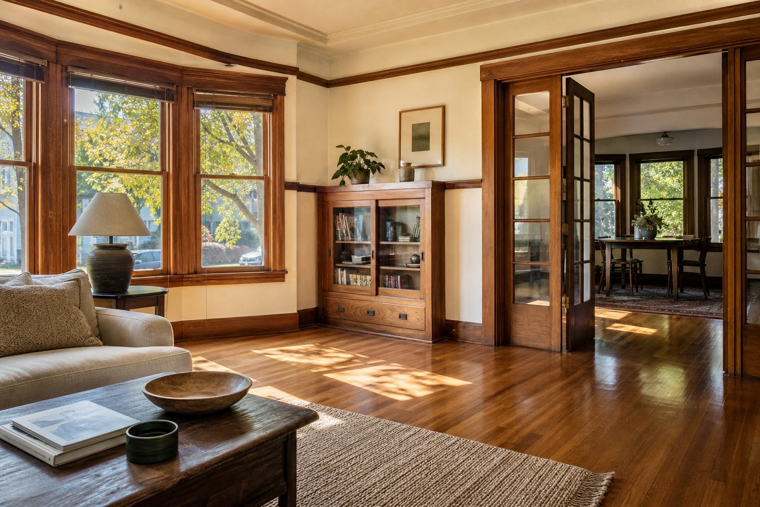 Vintage North Park Craftsman interior with original hardwood floors and bay windows overlooking a tree-lined residential street in the historic