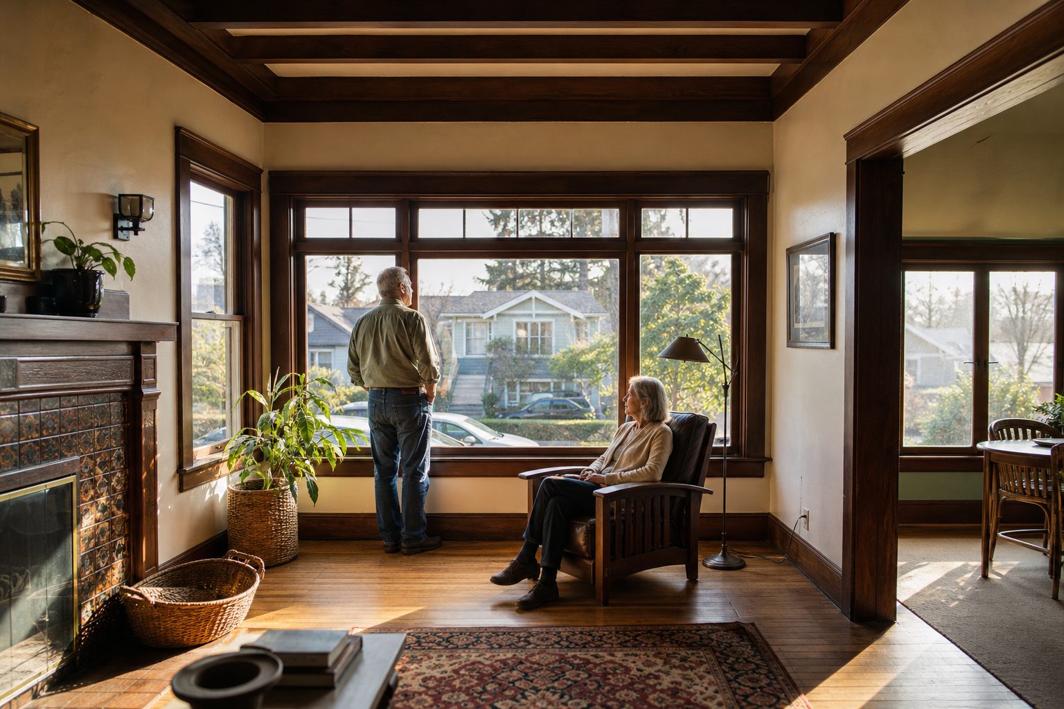 Mature couple in sunlit vintage Craftsman home interior with hardwood floors and period details, North Park neighborhood.