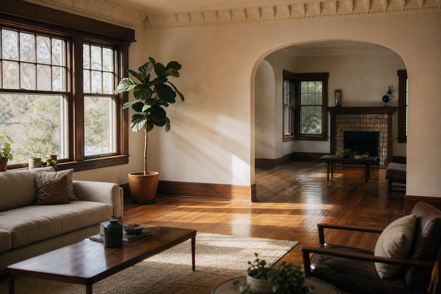 Historic 1920s-era living room with original plaster molding and hardwood floors illuminated by soft north-facing window light.