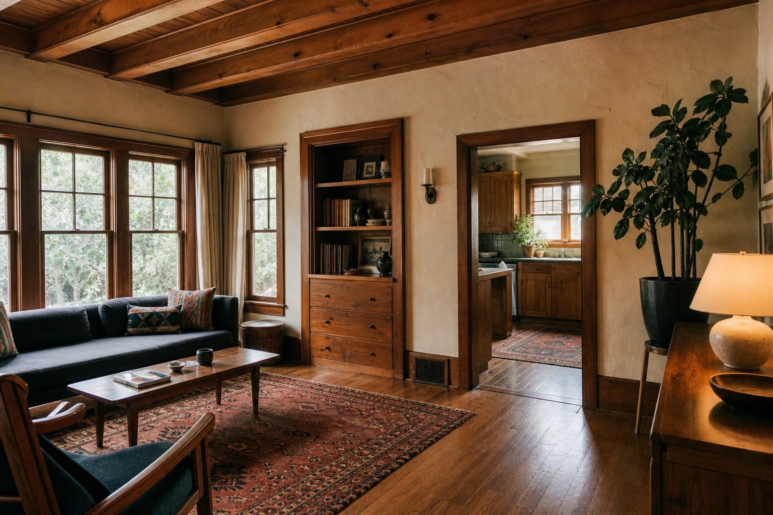 Craftsman home interior with original hardwood floors, wooden beams, and natural window light in North Park residence.