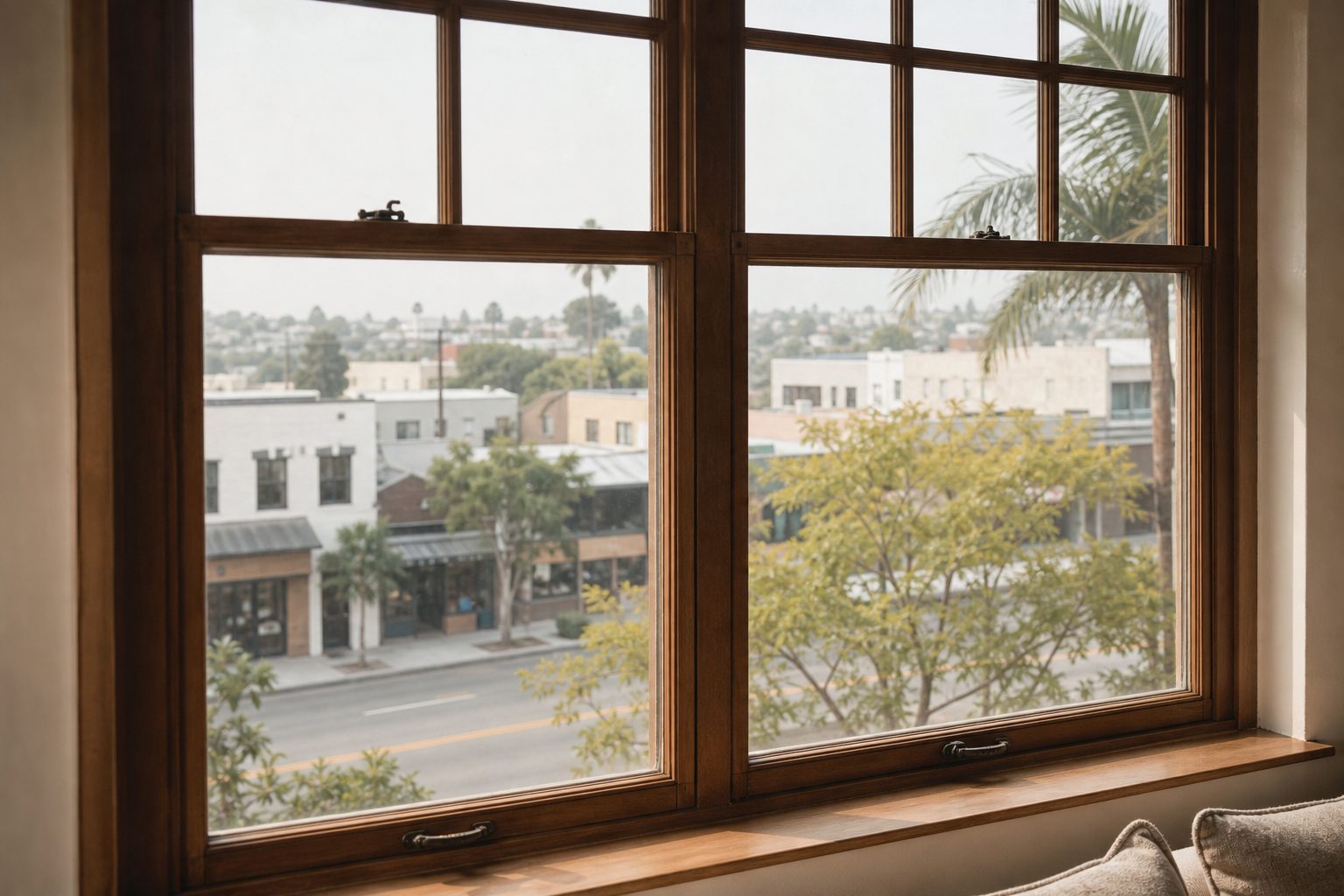 View through period Craftsman window toward North Park's 30th Street corridor with shops and tree-lined street below.
