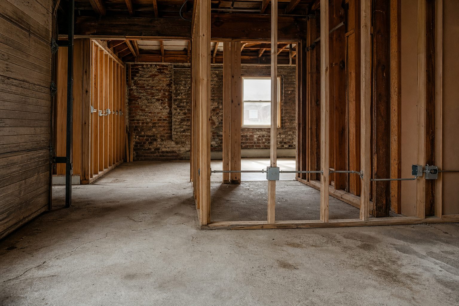 Partially finished garage conversion with stud framing, concrete floor, and original brick in North Park renovation project.
