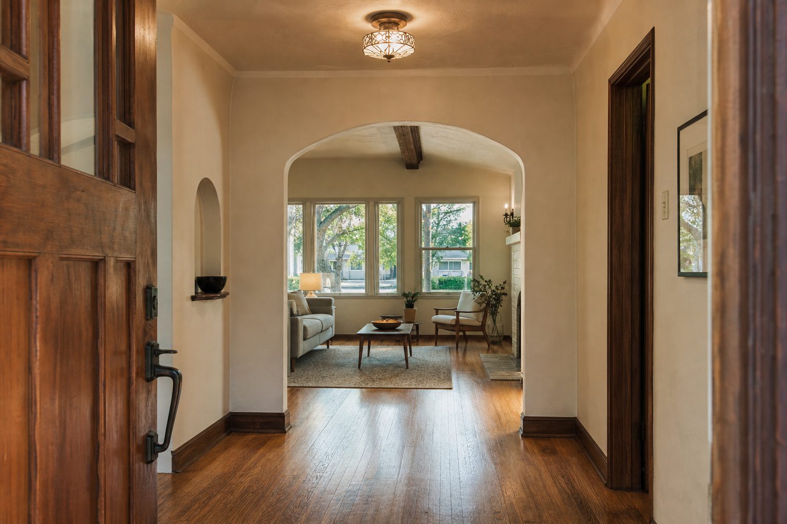 Bright, decluttered interior of a 1960s North Park bungalow showing original hardwood floors, vintage architectural details, and period windows